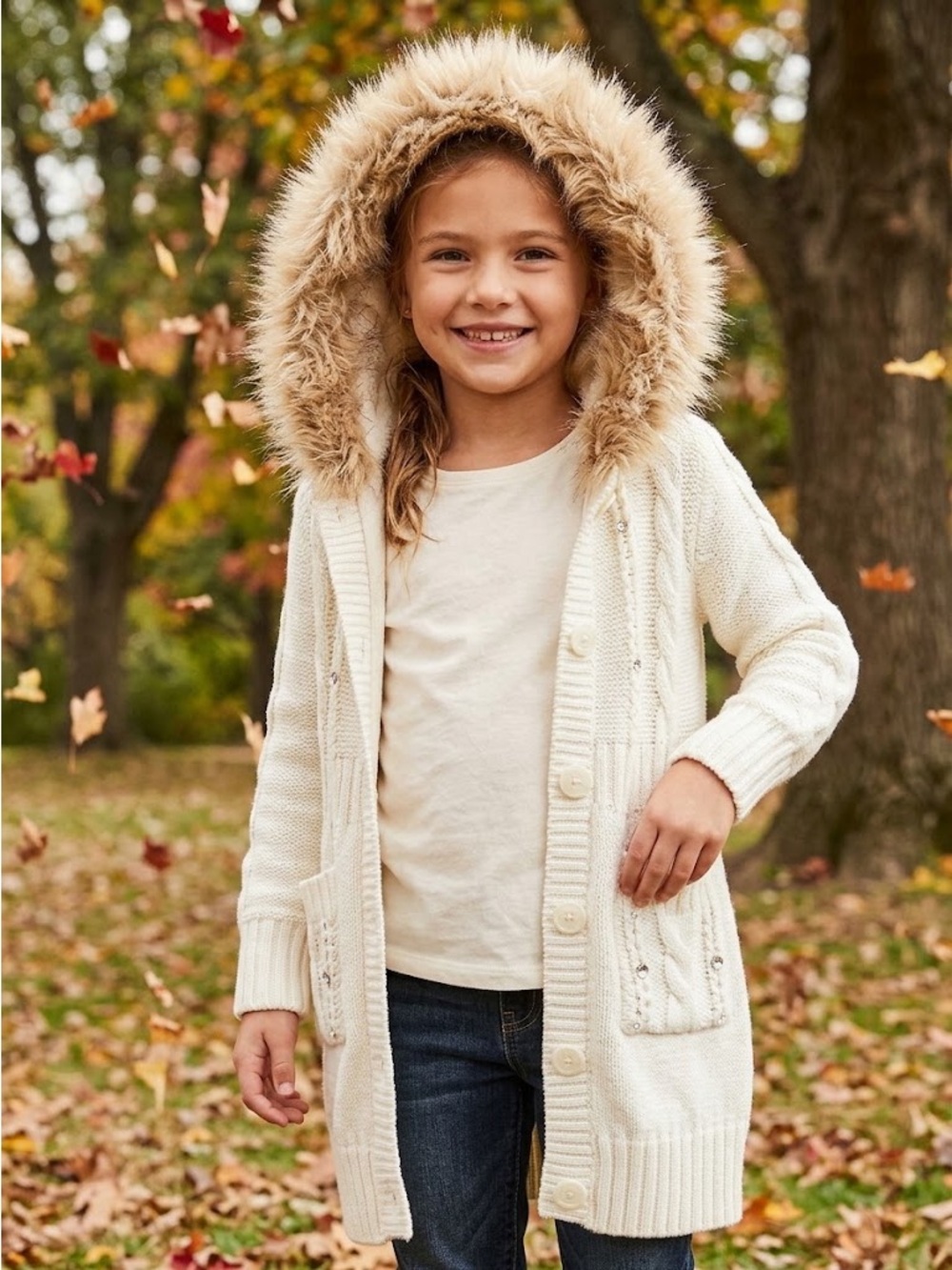 The Children's Place Hooded Knit Cardigan Quality jacket in Cream Size Medium (7